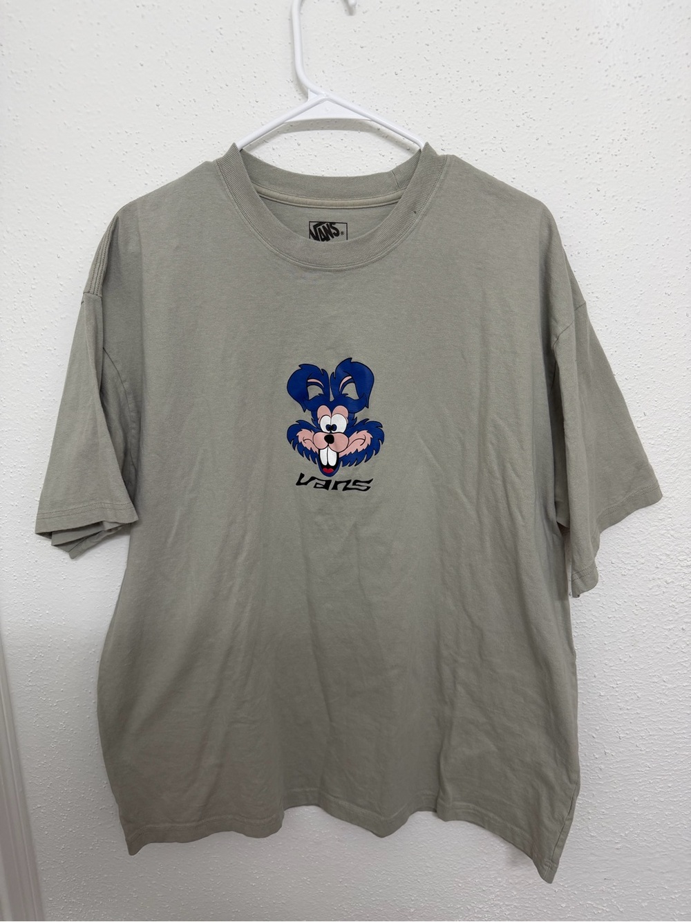 Vans Men's Short Sleeve Tee - Sage Green with Blue and Pink Cartoon